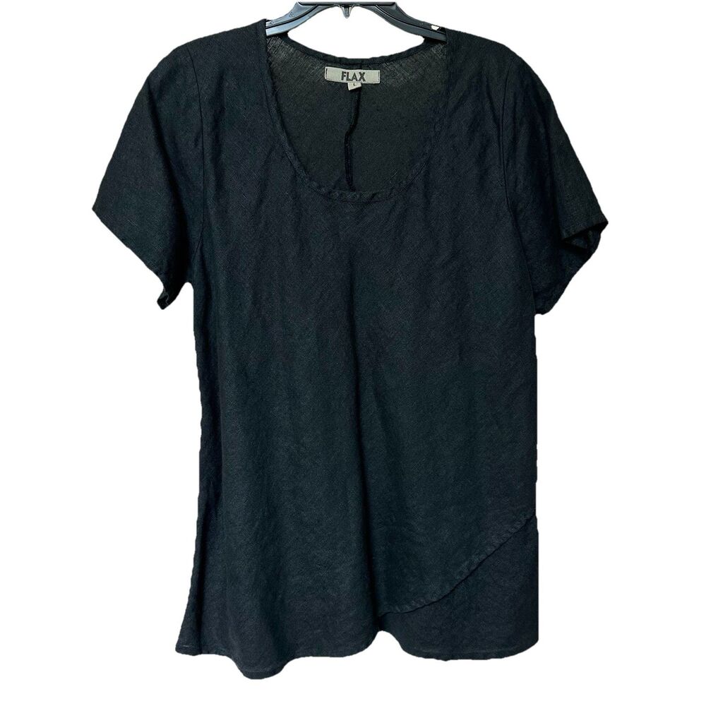 Flax Linen Top Womens Lg Short Sleeve Faux Wrap Lagen Minimalist Black Preppy